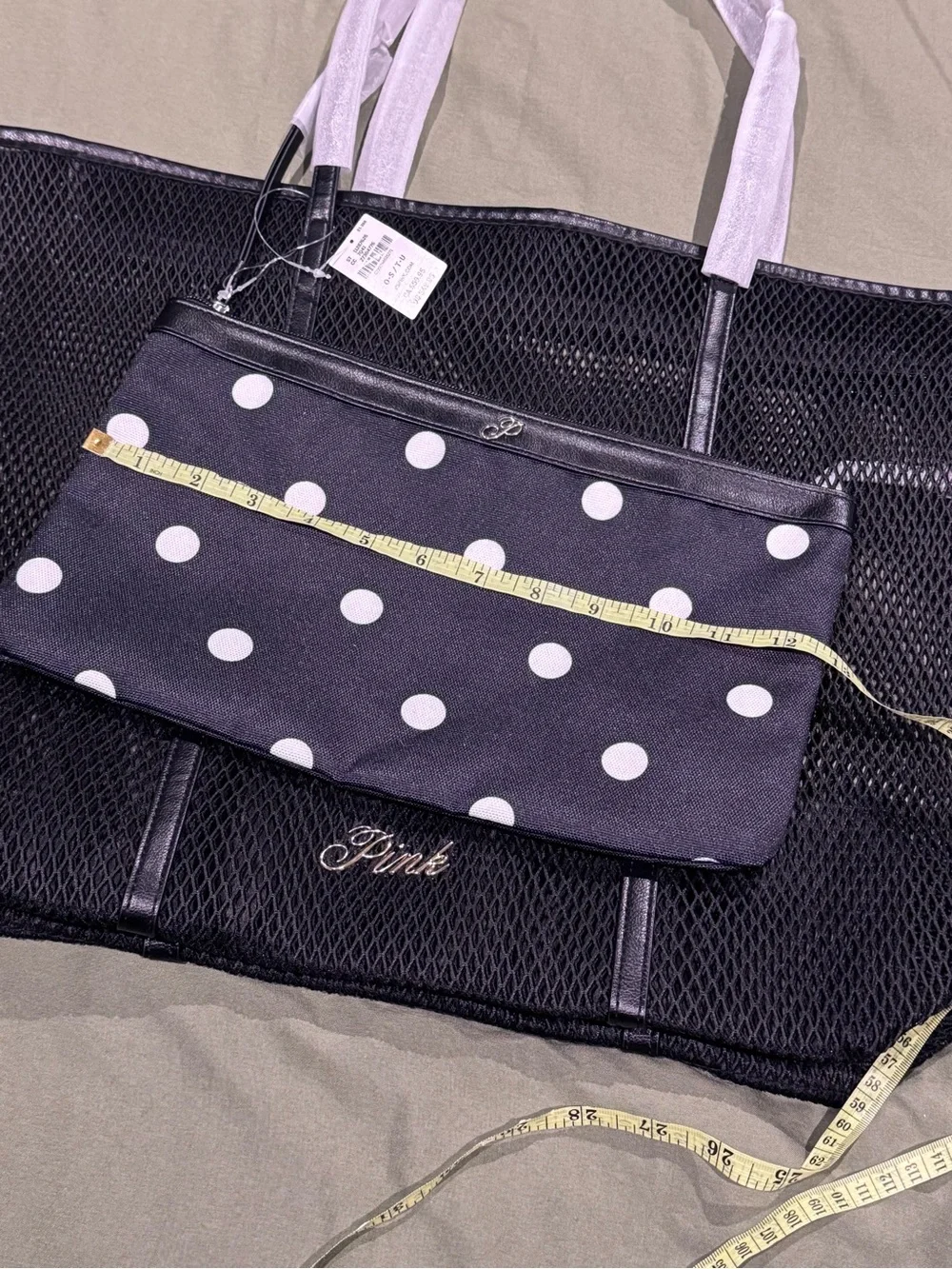 PINK by Victory Secret Black Mesh Tote  with Polka Dot Pouch